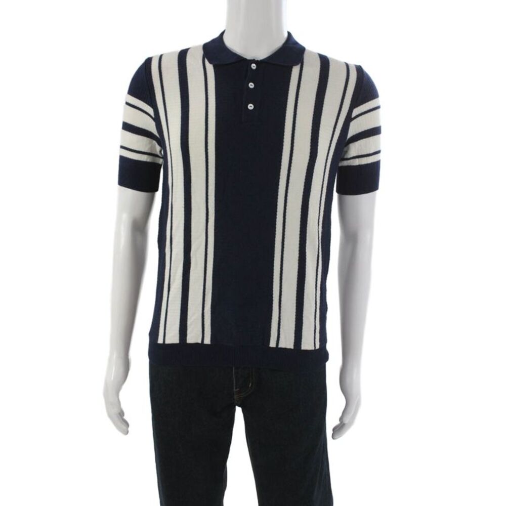 Max N Chester Mens Short Sleeve Collared Knit Striped Shirt Navy White Small